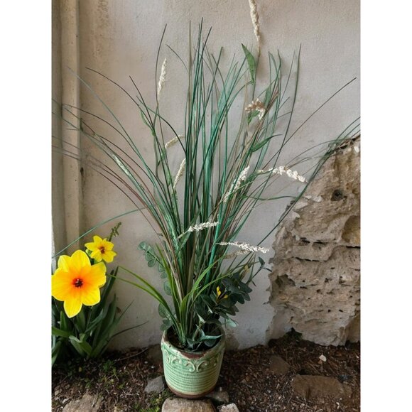 Artificial Grass & Floral Arrangement In Green Ceramic Pot - Picture 6 of 8